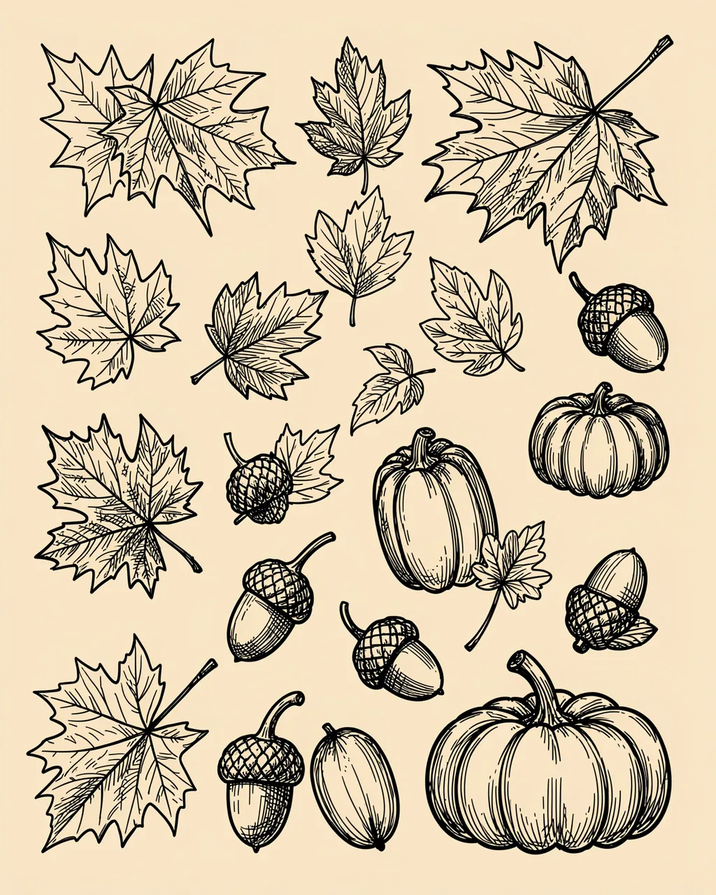 Black ink line art doodles of maple leaves, acorns, and small pumpkins arranged on a beige background