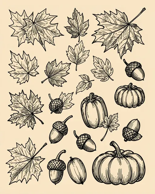 Black ink line art doodles of maple leaves, acorns, and small pumpkins arranged on a beige background