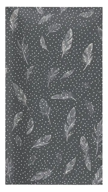 Delicate hand-painted gray feathers scattered with small white speckles on a deep slate gray background