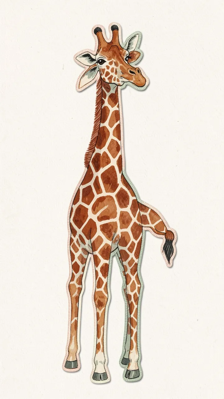 Stitched patch style hand-painted giraffe on an off-white textured background