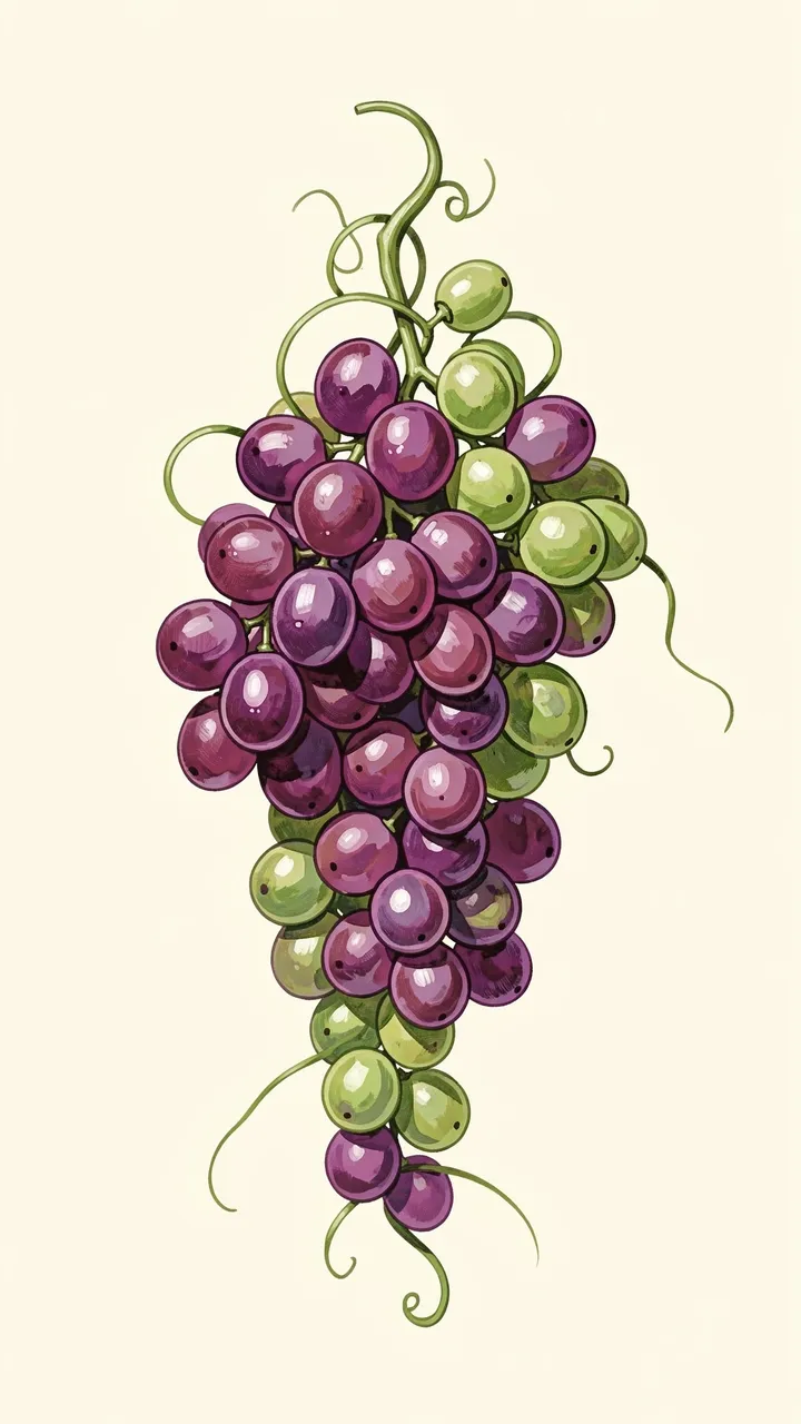 Hand-painted purple and green grape bunch with curling tendrils on a cream background