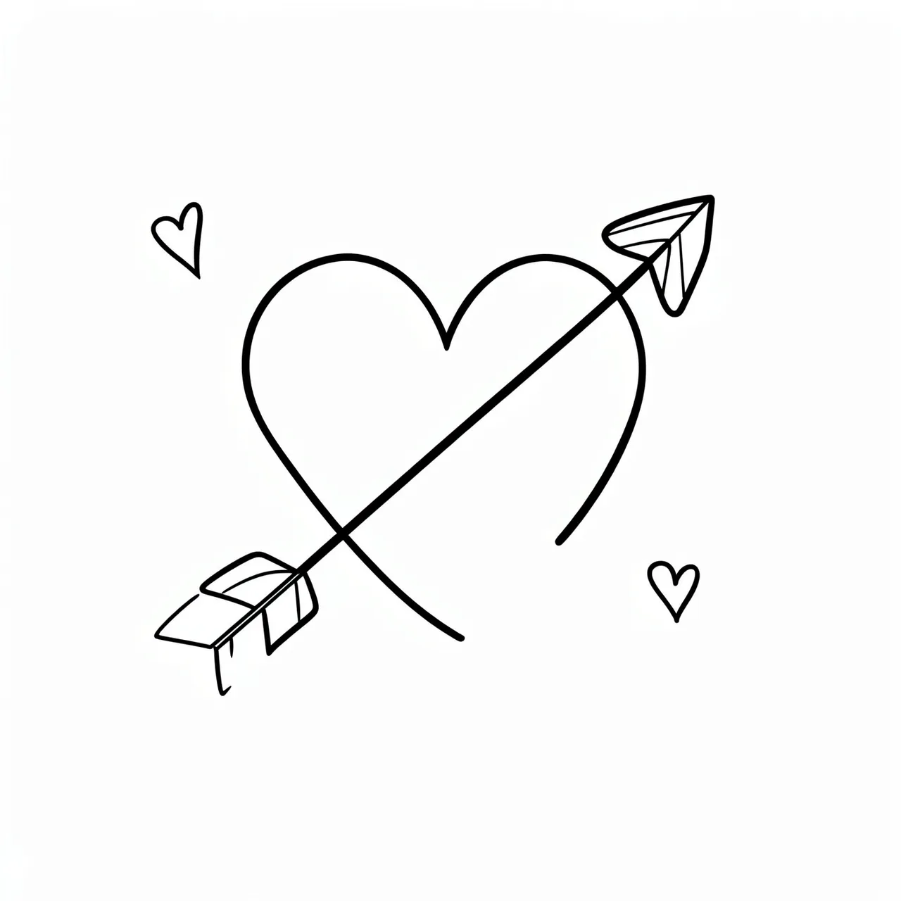 Simple black line drawing of a heart pierced by an arrow flanked by two small hearts on a white background