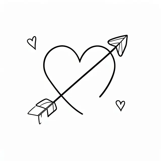 Simple black line drawing of a heart pierced by an arrow flanked by two small hearts on a white background
