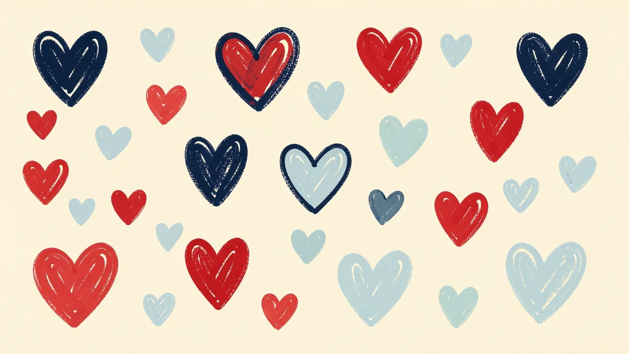 Irregular hand-painted hearts in navy, red and pale blue scattered across a cream background