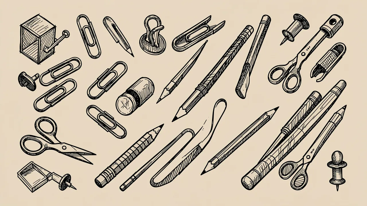Scribbly black line art doodles of assorted office supplies arranged on a beige background