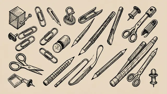 Scribbly black line art doodles of assorted office supplies arranged on a beige background