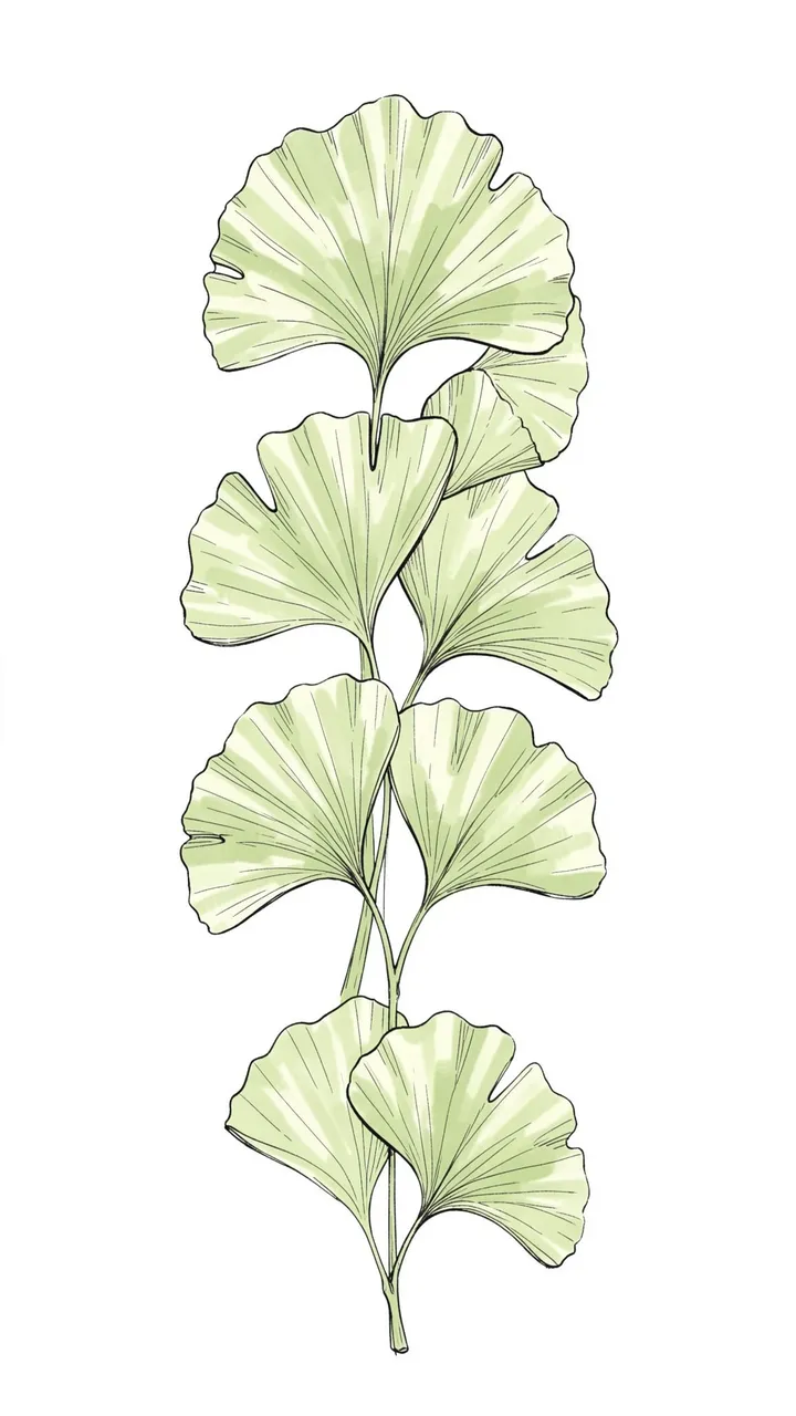 Vertical arrangement of delicate hand-painted pale green ginkgo leaves with ink outlines on a plain white background