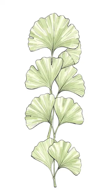 Vertical arrangement of delicate hand-painted pale green ginkgo leaves with ink outlines on a plain white background