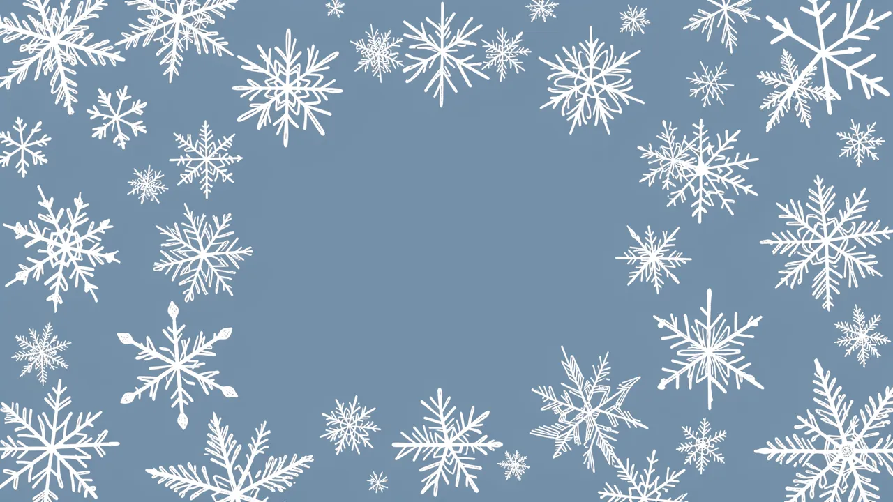 White hand-drawn snowflakes of varying sizes frame an empty dusty blue central background