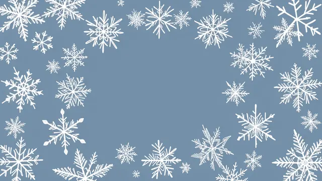 White hand-drawn snowflakes of varying sizes frame an empty dusty blue central background