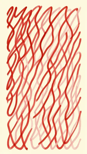 Interleaved tomato red and pale pink wiggly hand-painted squiggles on a cream background