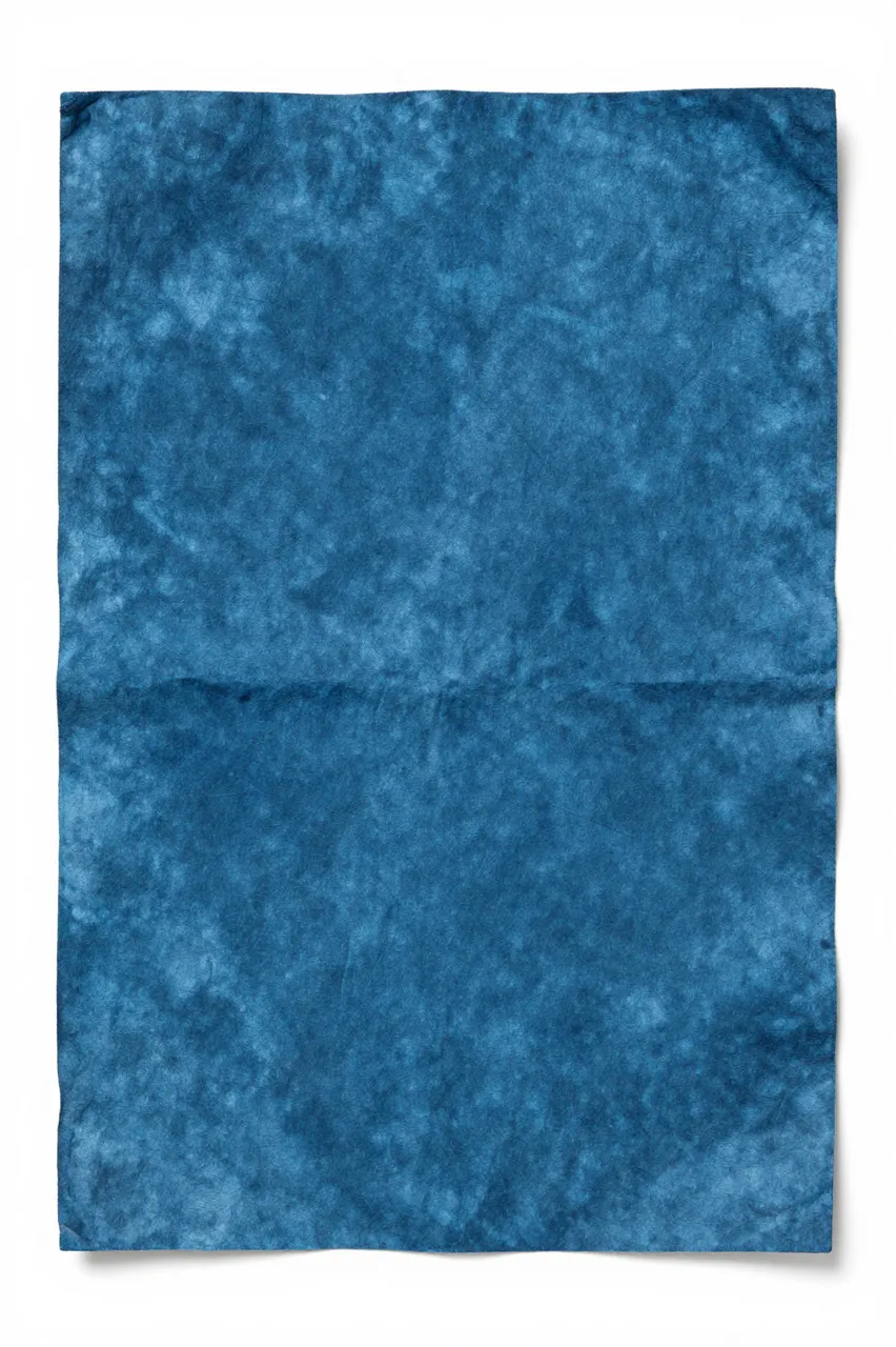 A full frame close-up of crumpled hand-dyed indigo paper on a plain white background