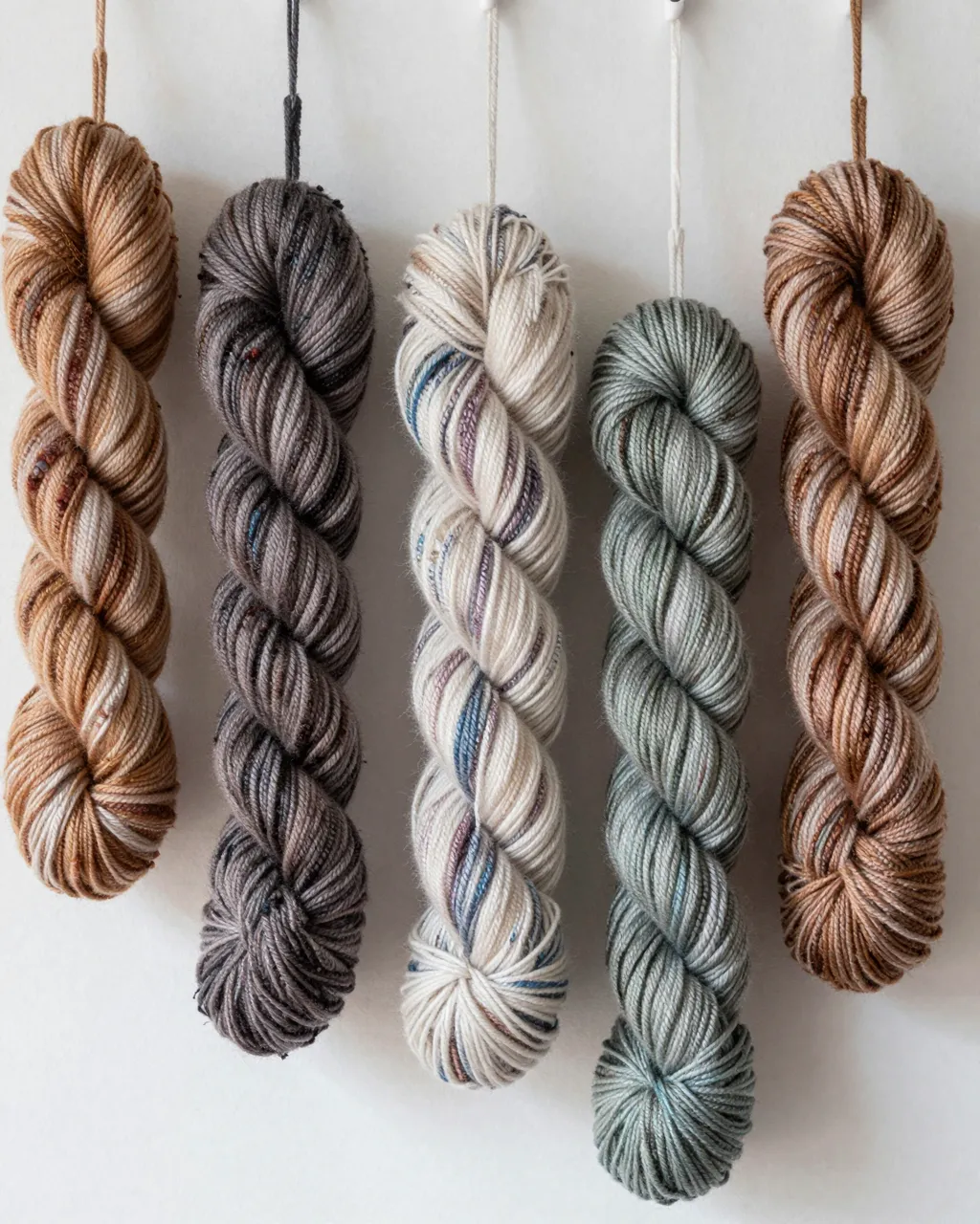 Five twisted hand-dyed yarn skeins hang in a neat row against a plain off-white wall.