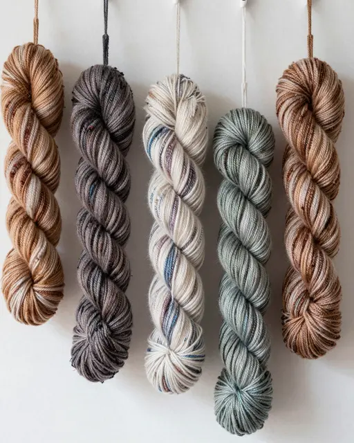 Five twisted hand-dyed yarn skeins hang in a neat row against a plain off-white wall.