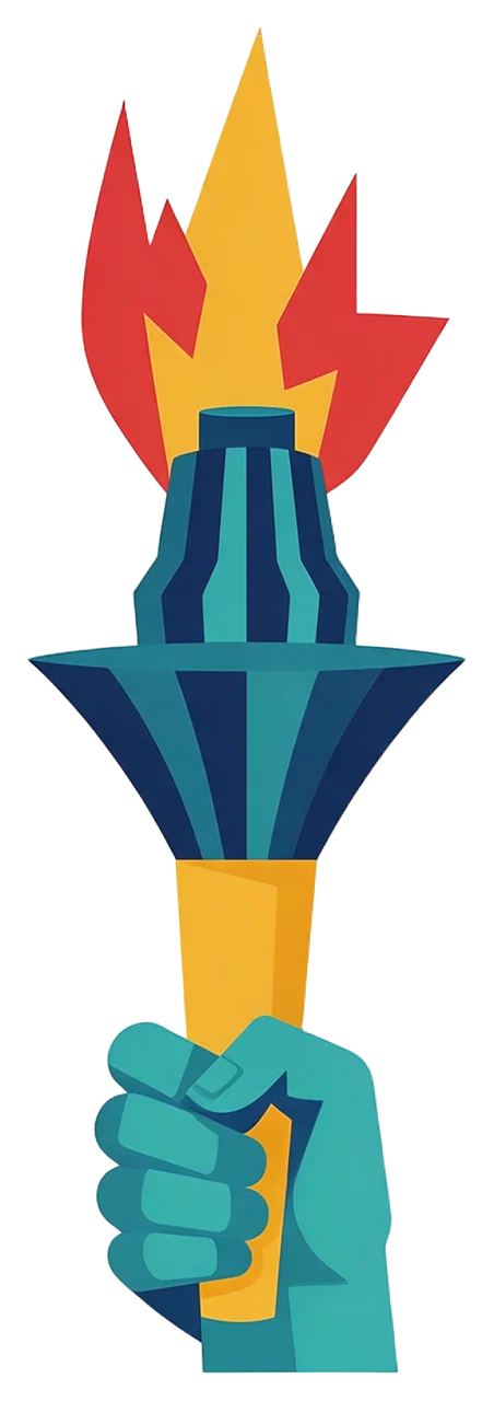 Flat geometric illustration of a clenched hand holding a burning torch