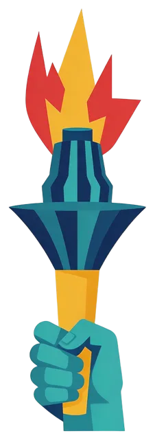 Flat geometric illustration of a clenched hand holding a burning torch