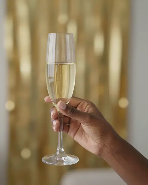 A Black woman's hand holds up a filled champagne flute against soft gold bokeh lighting
