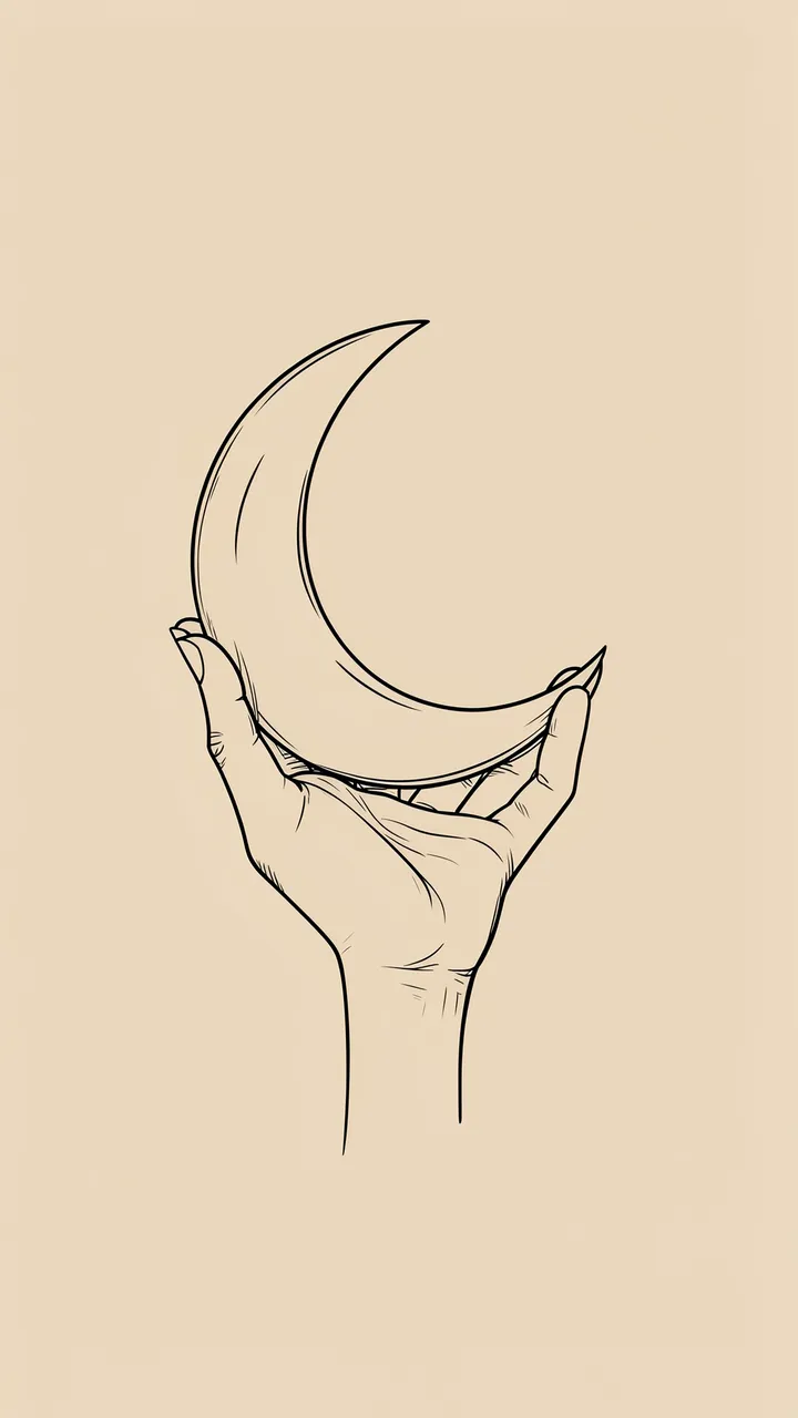 Minimal black line art of a hand holding a crescent moon against a solid beige background