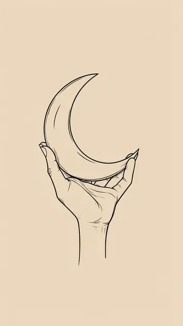 Minimal black line art of a hand holding a crescent moon against a solid beige background