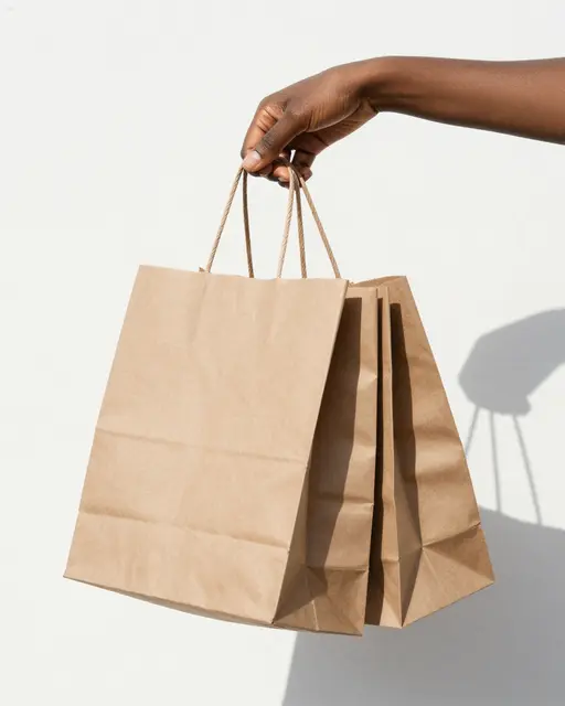 Dark skin hand holding two plain brown kraft paper shopping bags against a sunlit white wall