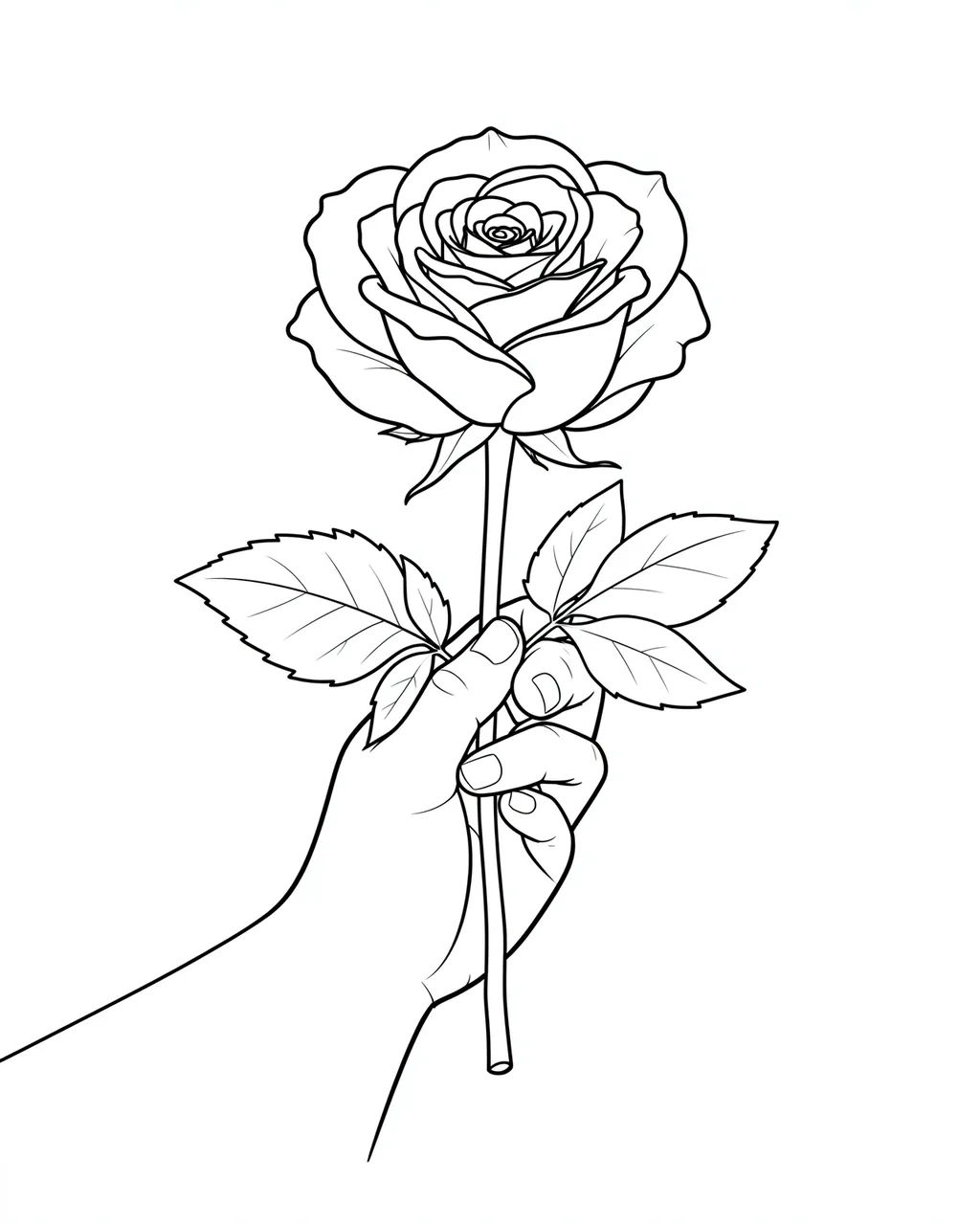 Black continuous line drawing of a human hand gripping the stem of a fully bloomed rose against a plain white background