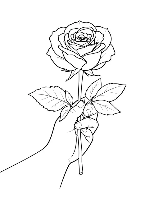 Black continuous line drawing of a human hand gripping the stem of a fully bloomed rose against a plain white background
