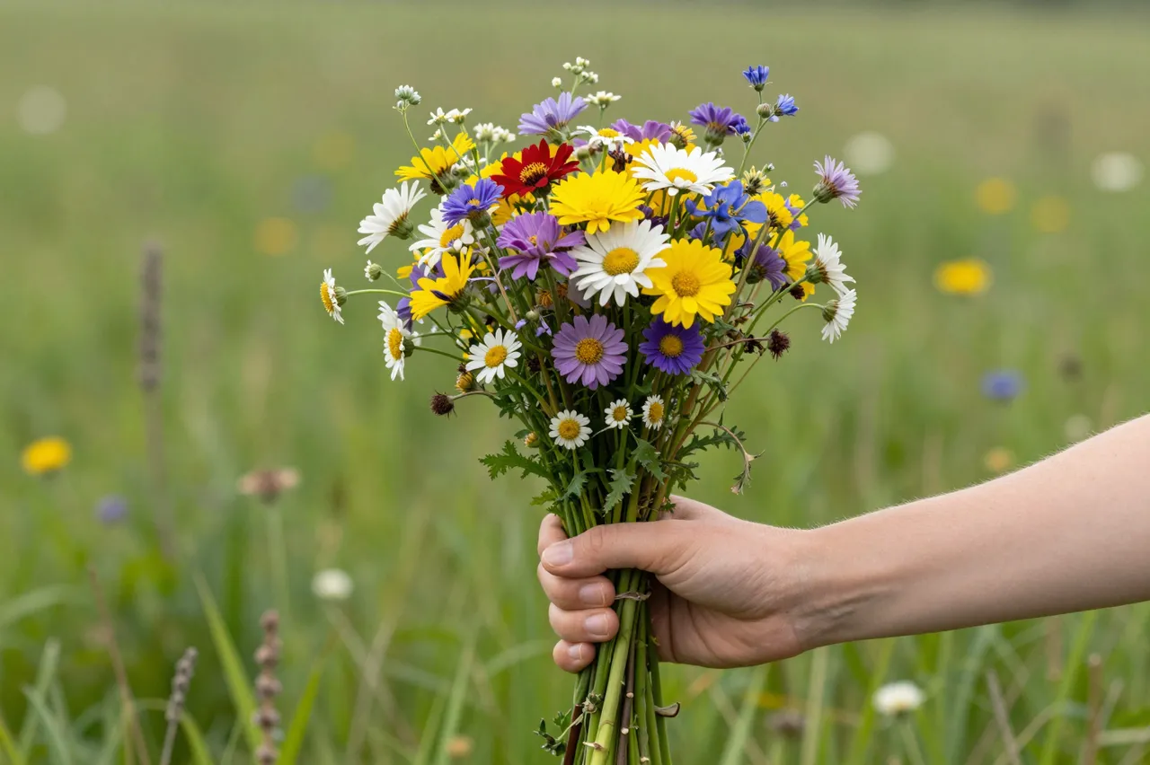 A person's hand holds a vibrant mixed wildflower bouquet against a blurred meadow background