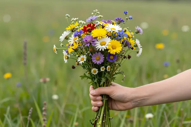 A person's hand holds a vibrant mixed wildflower bouquet against a blurred meadow background