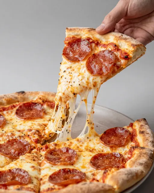 A hand lifts a pepperoni pizza slice creating a long stretching cheese pull above the remaining pizza.