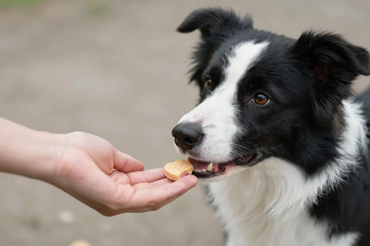 A person's outstretched hand holds a dog treat as an attentive border collie prepares to eat it.