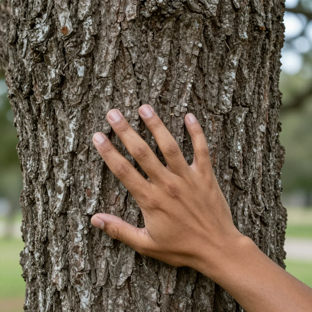A person's hand rests gently against the rough textured bark of an old oak tree trunk