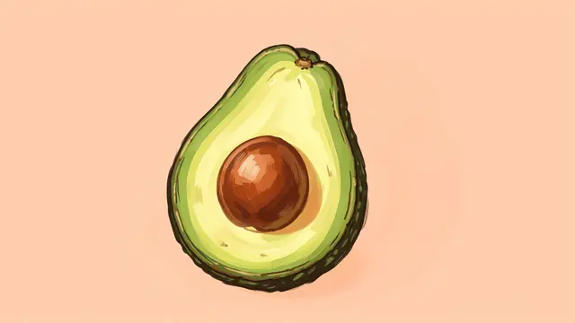 Hand-painted illustration of an avocado half with a round pit on a soft peach background