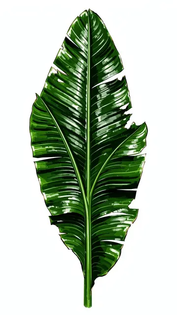 Glossy hand-painted tropical banana leaf with torn edges on a plain white background