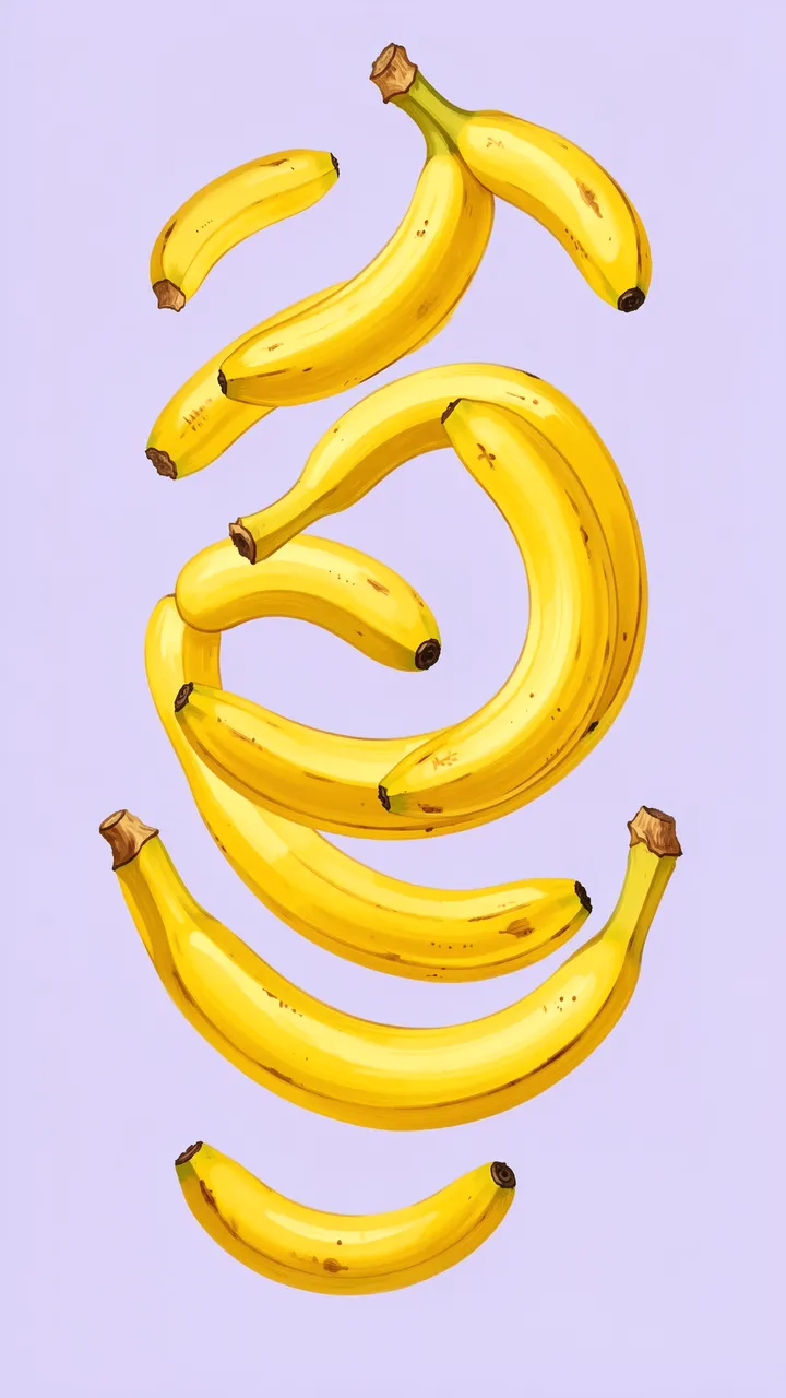 Arrangement of hand-painted yellow bananas stacked in swirling formation against pale lilac background