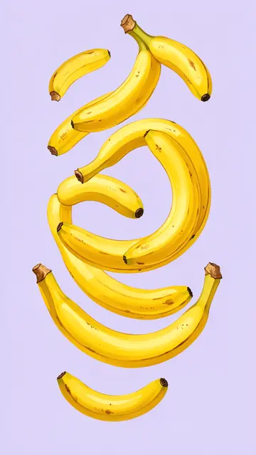 Arrangement of hand-painted yellow bananas stacked in swirling formation against pale lilac background