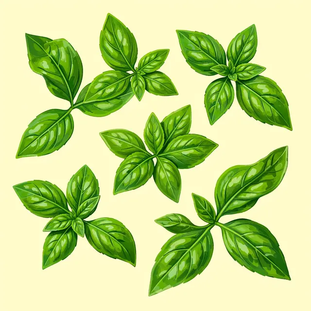 Scattered bright green hand-painted basil sprigs on a soft pale yellow background