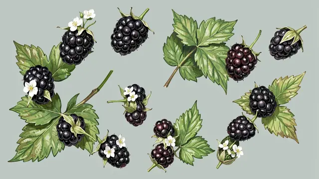 Hand drawn blackberries, bramble leaves, and small white flowers arranged on a soft sage background