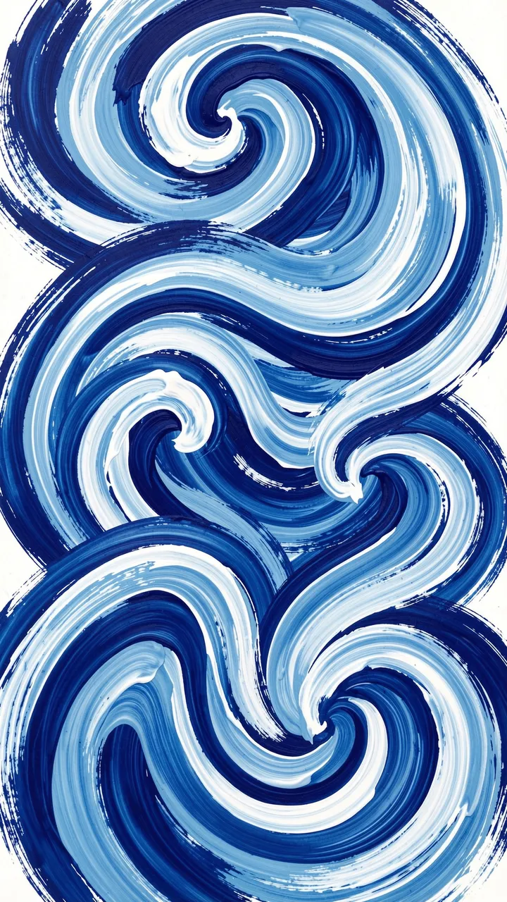 Vertical hand-painted swirling curling waves in cobalt, sky blue and white brush strokes on a light background