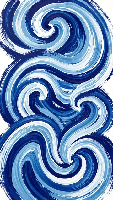 Vertical hand-painted swirling curling waves in cobalt, sky blue and white brush strokes on a light background