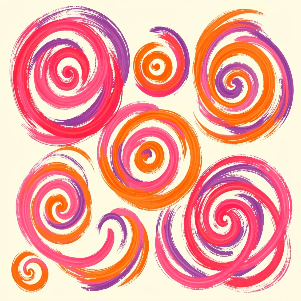 Vibrant brush-painted pink, orange, and purple spirals arranged on a pale cream background