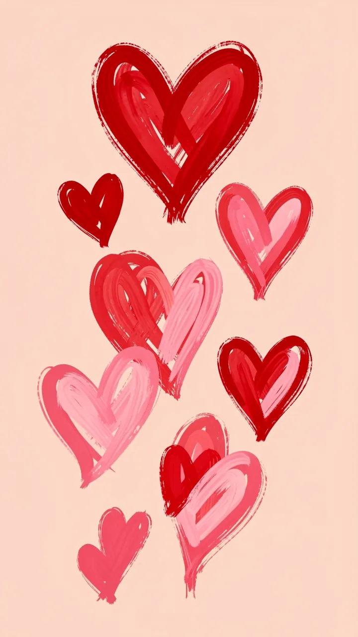 Wonky hand-painted red and pink brush stroke hearts arranged on a soft blush background