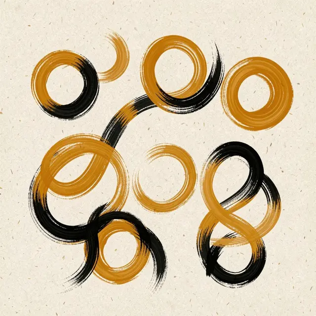 Loose hand-painted ochre and black brushstroke circles and rings on a textured oatmeal paper background