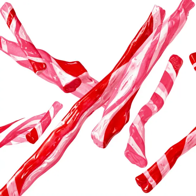 Wobbly hand-painted twisted pink and red candy stripe brush strokes arranged on a solid white background