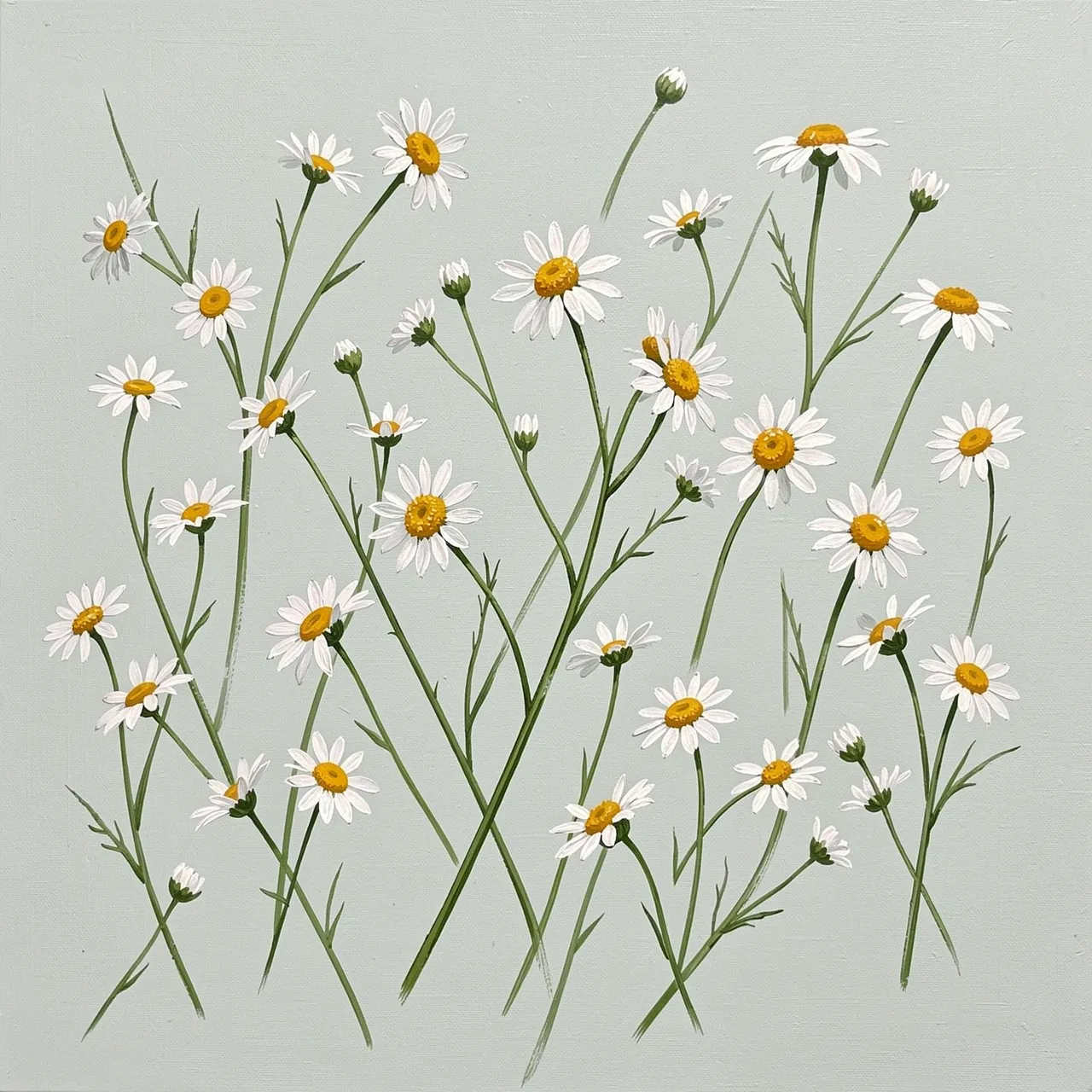Hand-painted chamomile daisies with thin green stems arranged across a pale sage background