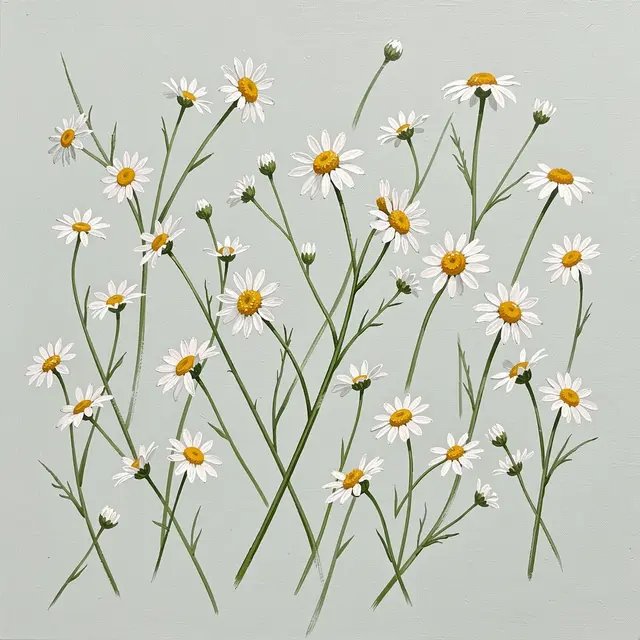 Hand-painted chamomile daisies with thin green stems arranged across a pale sage background