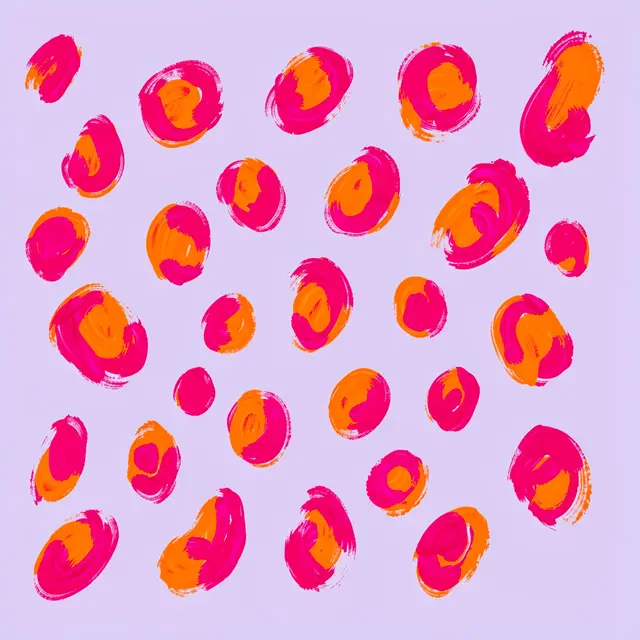 Irregular loose brushstroke spots in hot pink and bright orange are scattered across a pale lilac background