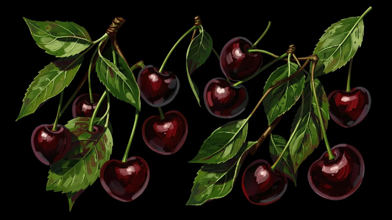 Irregular hand-painted dark red cherries and green leaves arranged against a solid soft black background