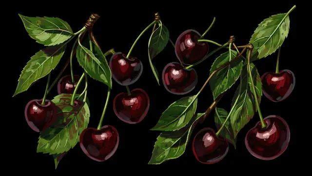 Irregular hand-painted dark red cherries and green leaves arranged against a solid soft black background