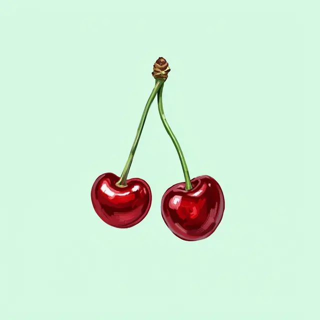 Two glossy red painted cherries with joined slim green stems sit against a pale mint background