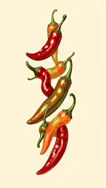 Curvy hand-painted red, green and orange chili peppers arranged vertically on a warm cream background